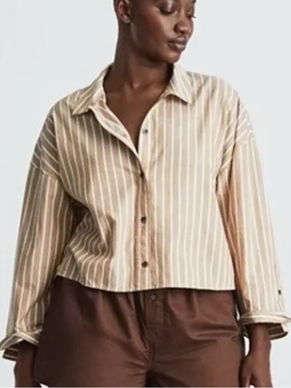 Everlane Cropped Button-Down Shirt Size Small Oversized Stripe Tan White - Picture 5 of 9